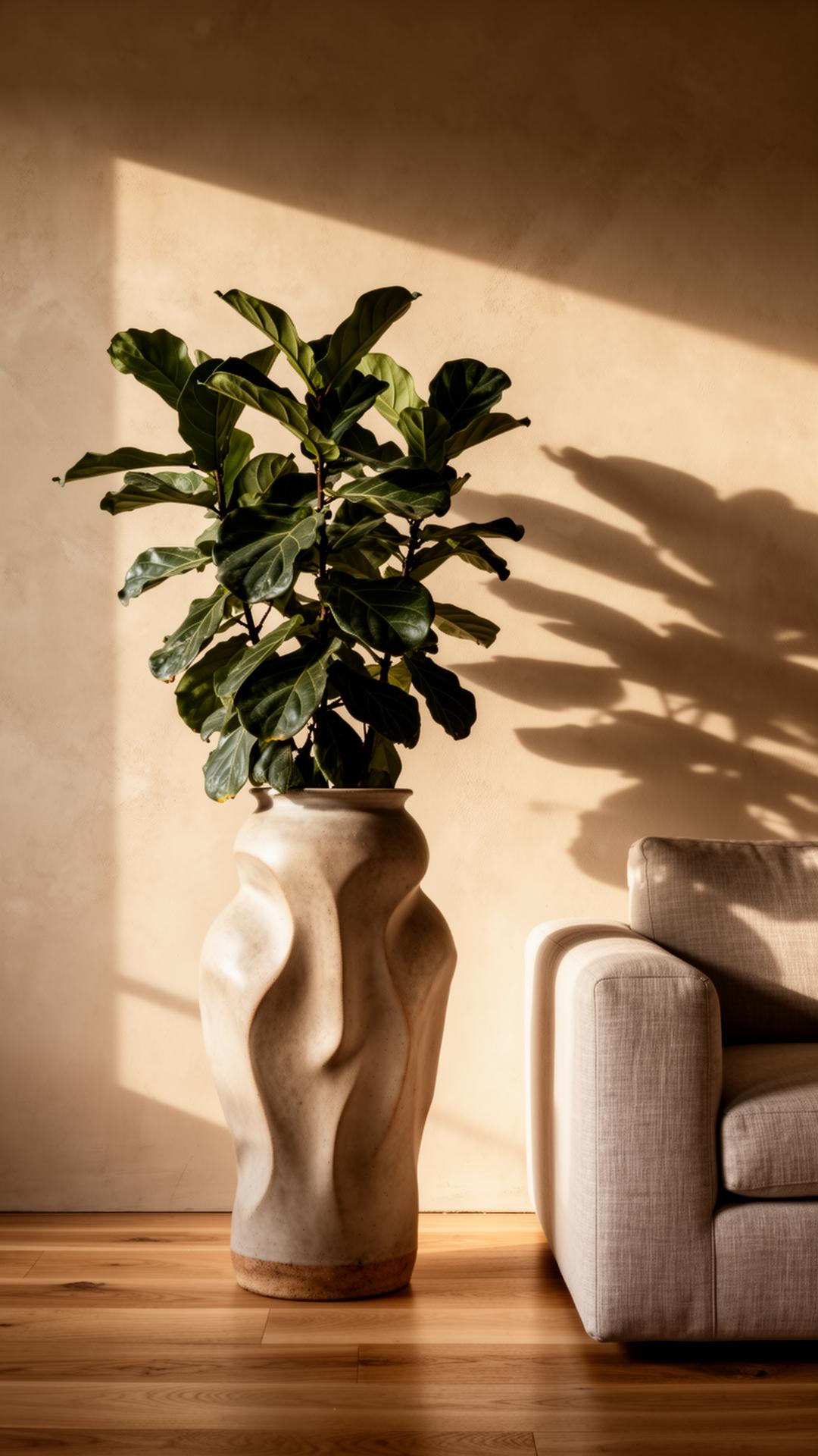 Sculptural ceramic planter holding a fiddle leaf fig in a sunlit luxury living room