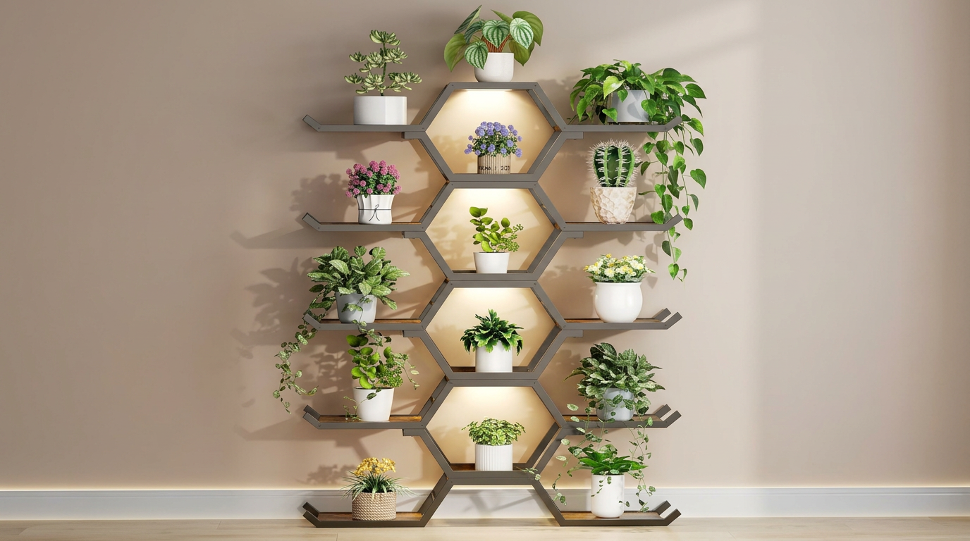 Honeycomb hexagonal plant shelving filled with curated potted plants and trailing pothos