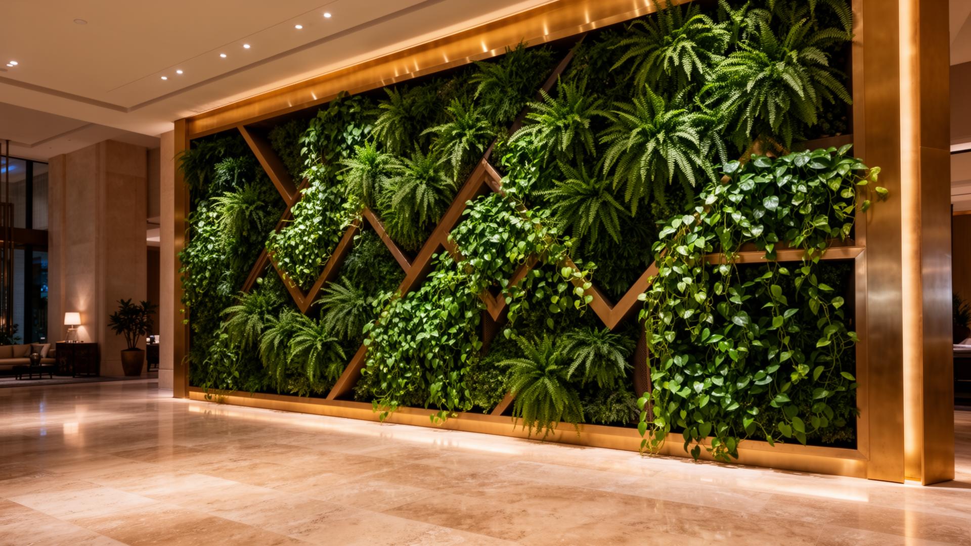 Brass-framed architectural living wall installation in a luxury hotel lobby