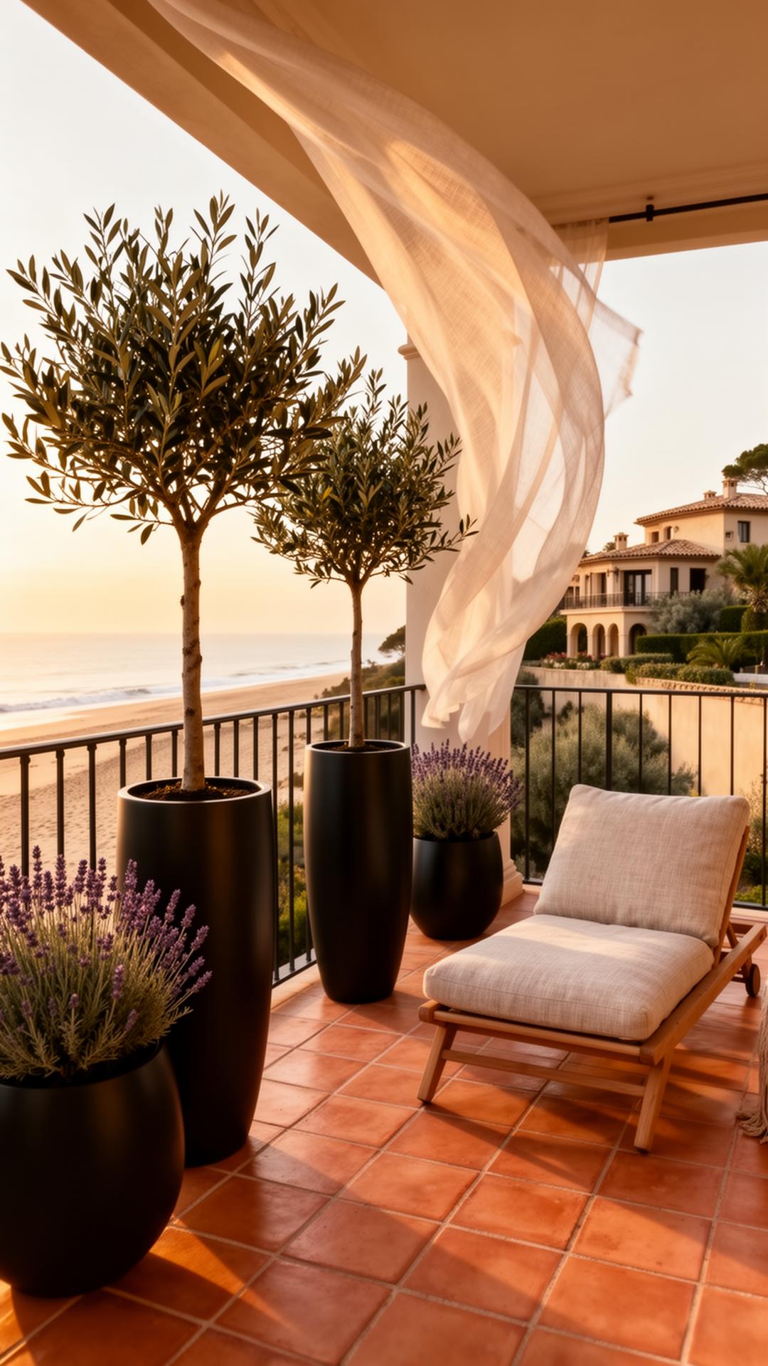 Luxury Mediterranean balcony with designer planters of olive trees and lavender at golden hour