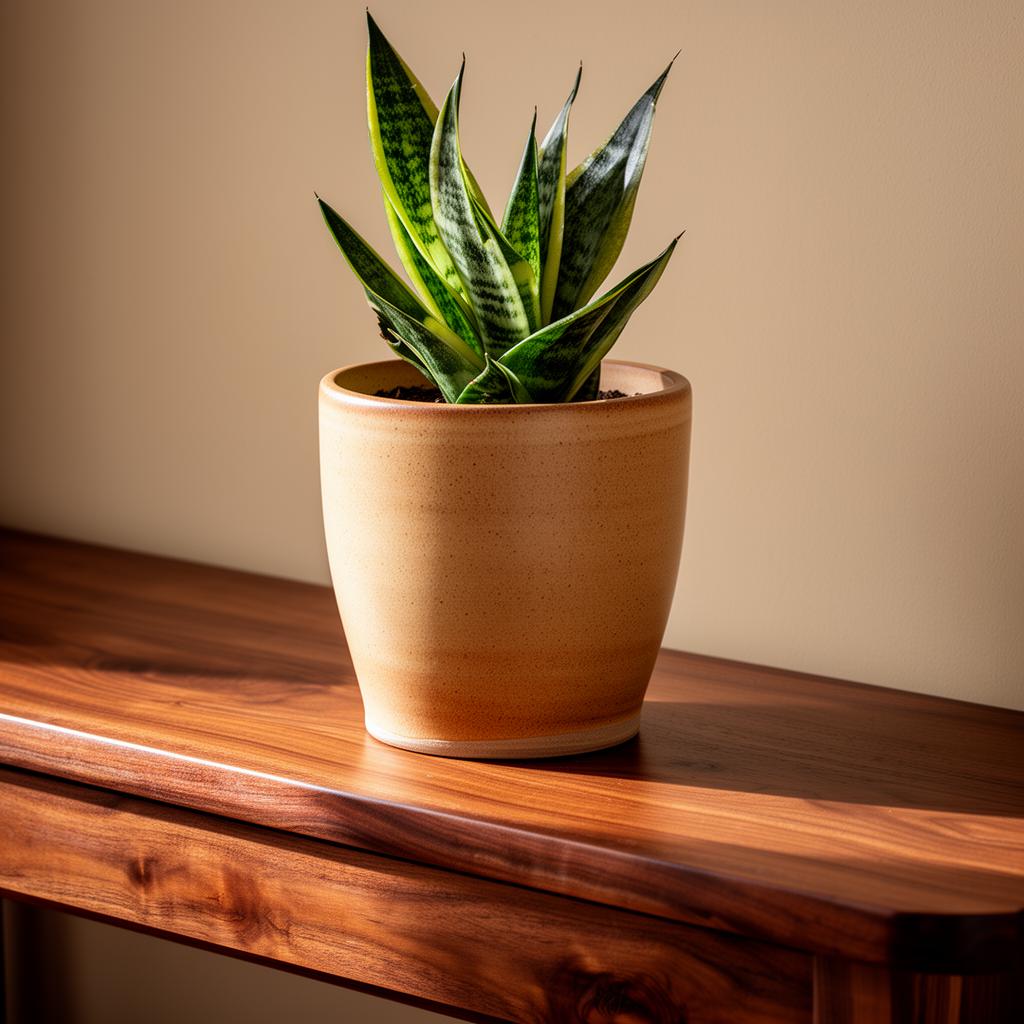 Handcrafted sand-toned ceramic planter holding a snake plant on a walnut console