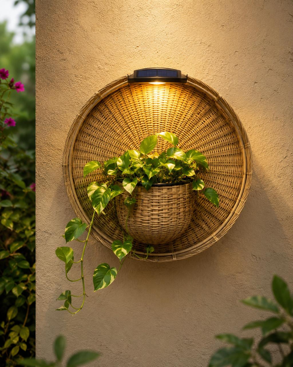 Handwoven rattan wall planter with solar light and trailing pothos at golden hour