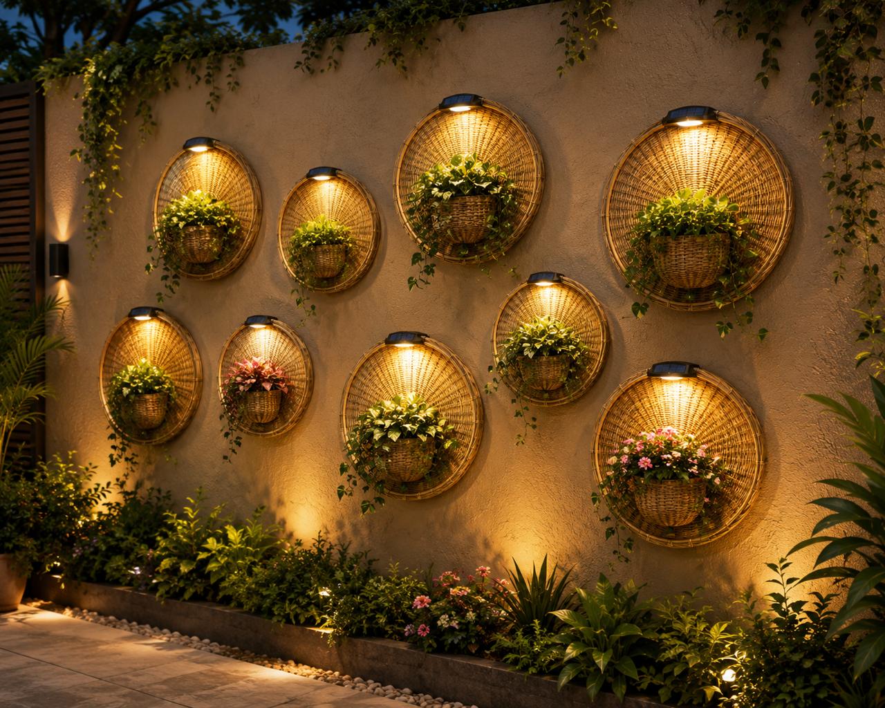 Composition of nine illuminated woven wall planters lining a stucco garden wall at dusk