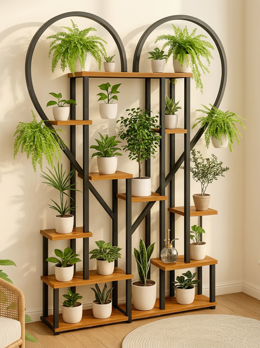 Heart-shaped double-arch wooden and iron plant shelf filled with ferns and potted greenery